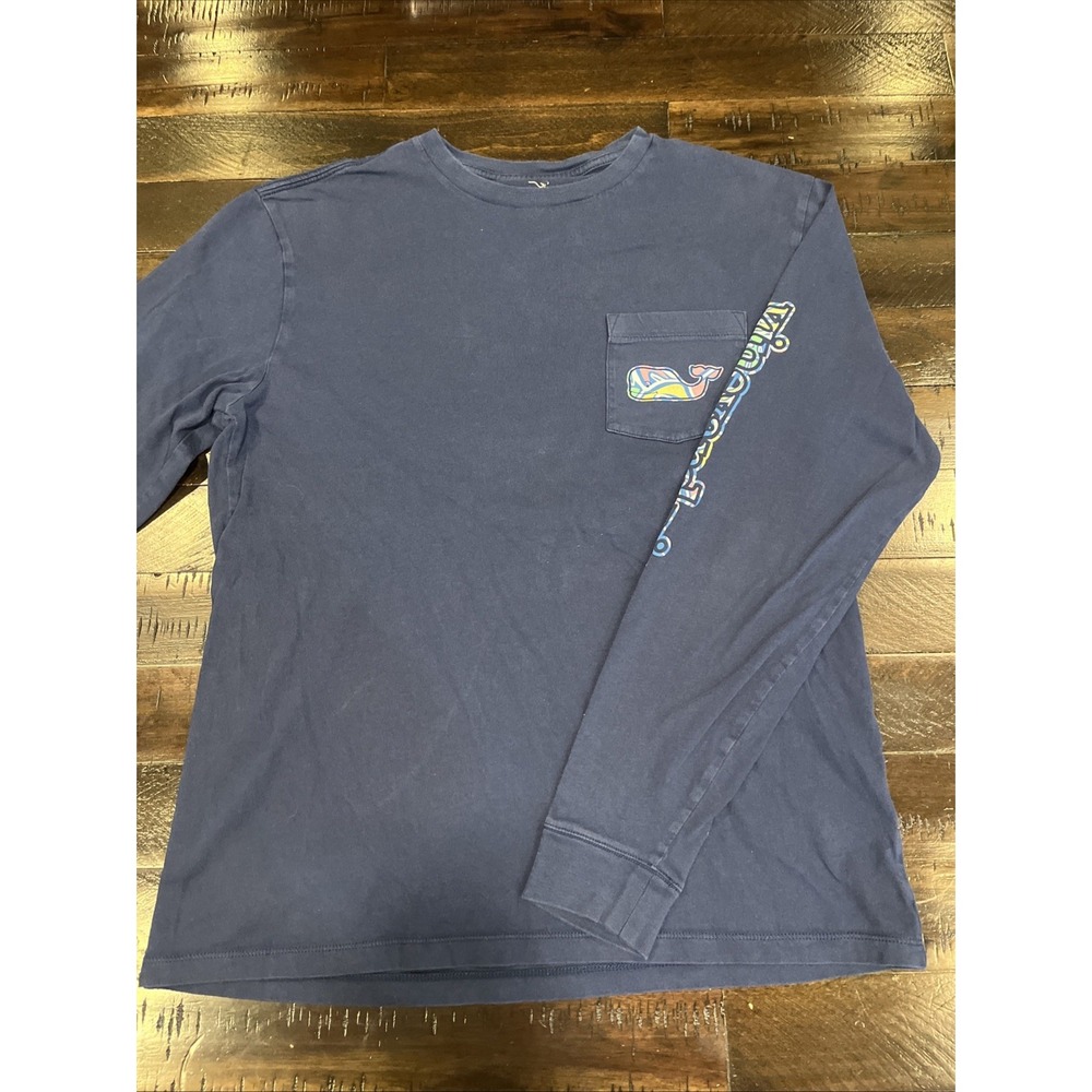Vineyard Vines Long Sleeve Whale Pocket Graphic T Shirt Navy Blue Men's Size S